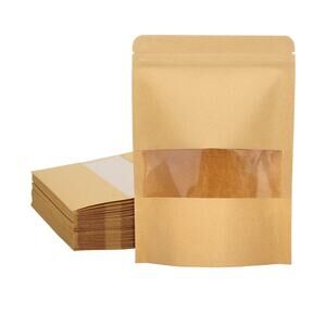50 Pack Kraft Stand Up Zip Lock Pouch Bags, Resealable Transparent Window 6x8.6”